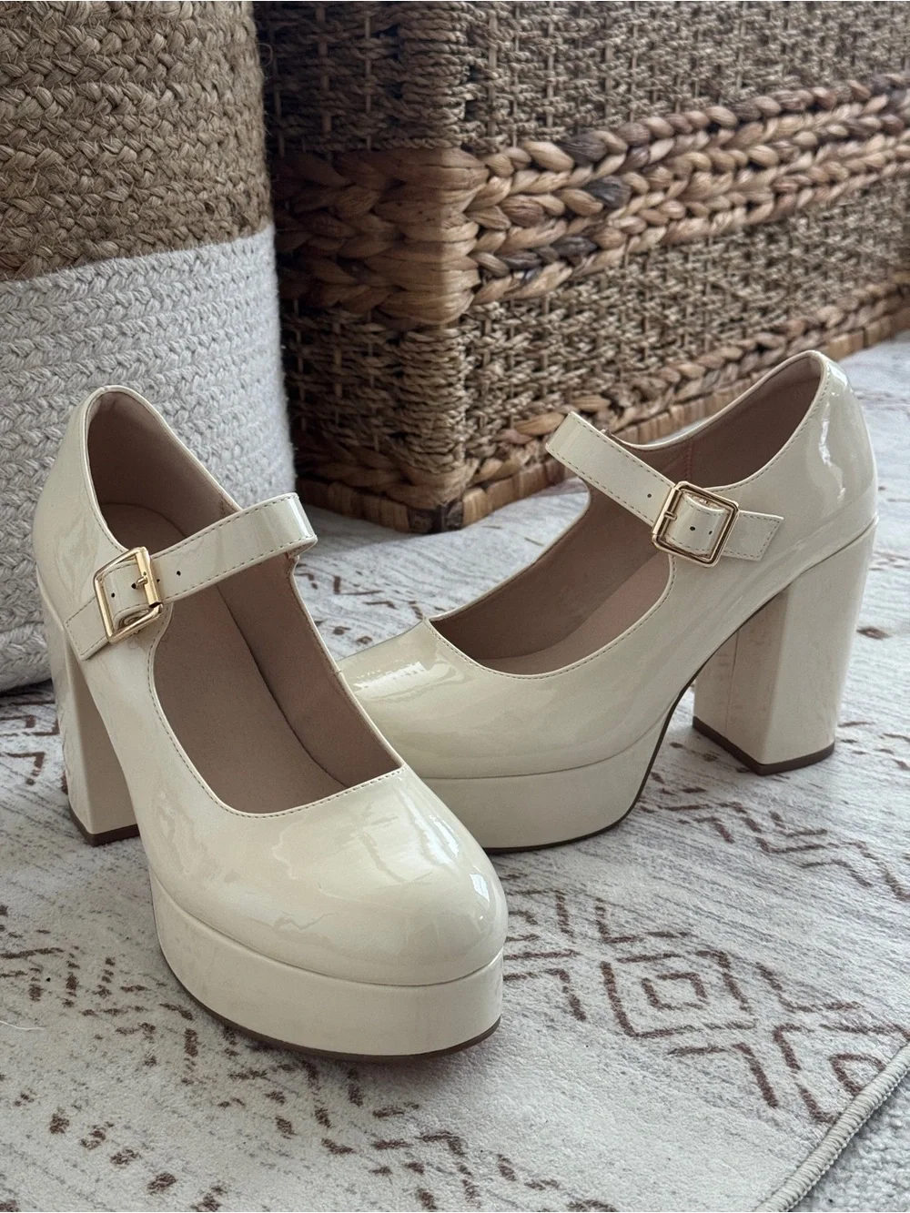 Platform Mary Jane Heels in Cream Patent with Gold Buckle